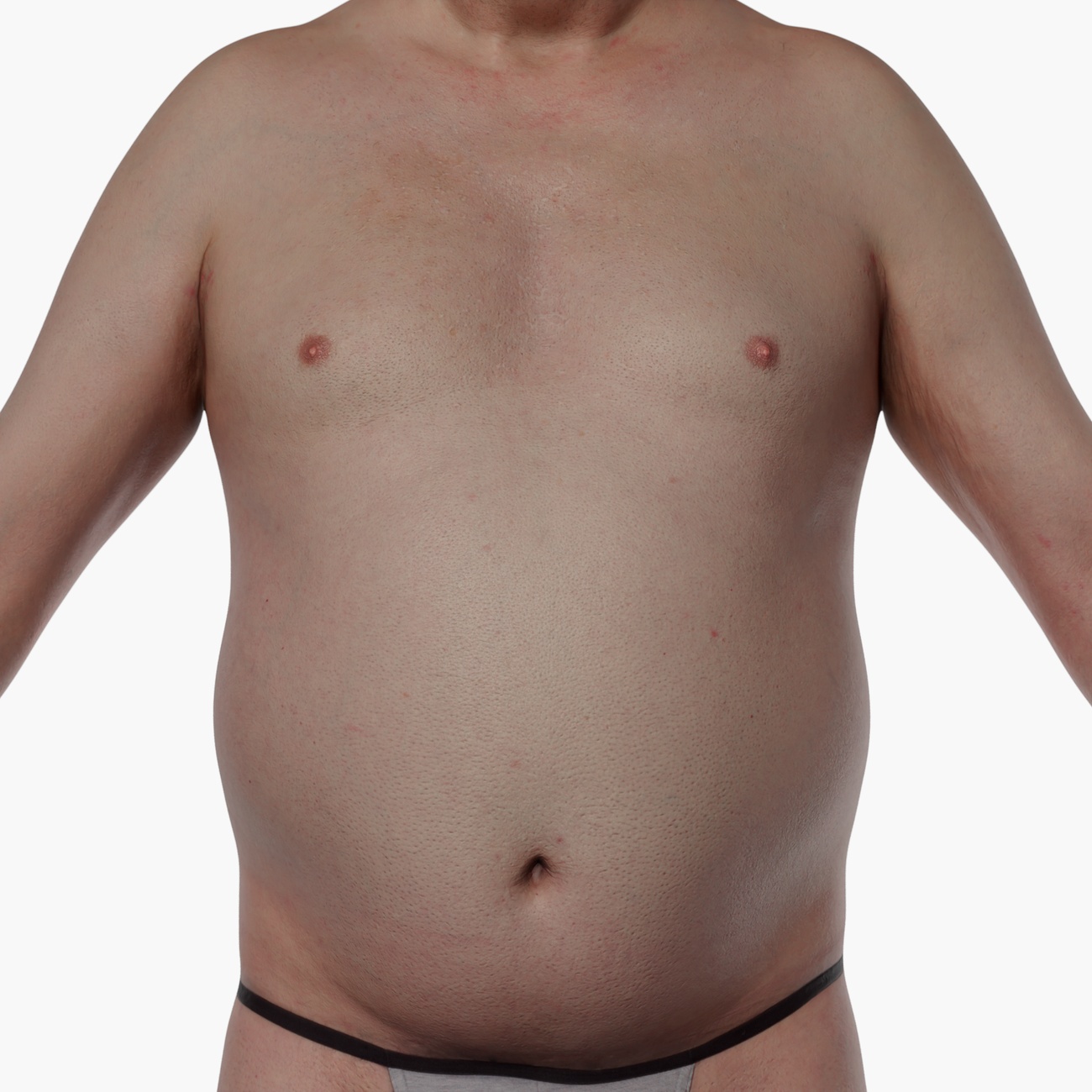 Zoomed torso render of a heavy-set male 3D body scan showing soft midsection and detailed skin texture